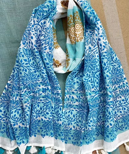 aqua and ochre block printed soft cotton scarf incense art studio 1 2048x2048