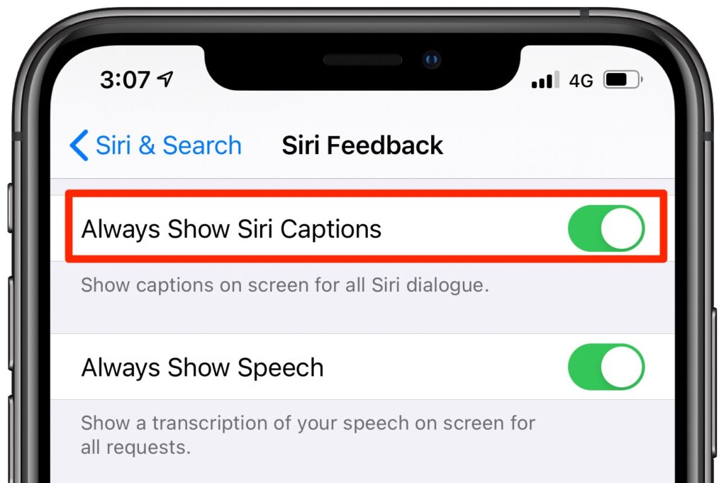 iOS 14 Siri settings Show captions enabled highlighted iphone 001